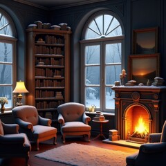 Cozy Winter Room with Fireplace and Bookshelf