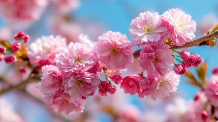 Delicate pink cherry blossoms adorn the branches of a tree, creating a stunning display against a clear blue sky in a spring garden. The flowers showcase nature's beauty.