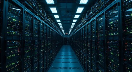 Fototapeta premium network server room. futuristic data center server room with rows of racks and LED lights.
