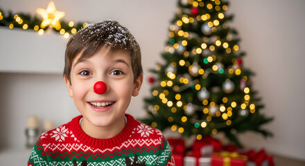 Festive Cheer: Boy with Red Nose and Christmas Tree