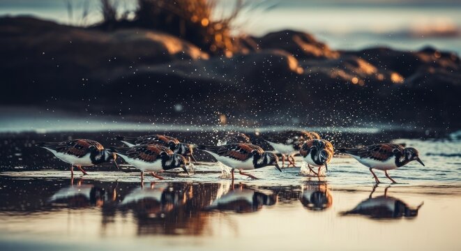 Shorebirds splash in shallows at sunrise