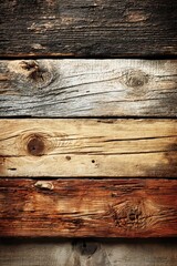 Obraz premium Close-up view of weathered wooden planks, showing variations in color and texture. Horizontal wood grain, layered in shades of brown, gray, and beige. Visible knots and imperfections. 