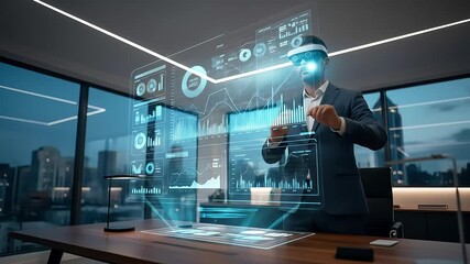 Businessman using virtual reality headset and interactive display - Powered by Adobe
