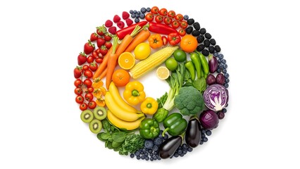 Top view creative rainbow composition of mixed fruits and vegetables, captured in high detail with commercial stock photo style, symbolizing wellness, variety, and nutrition.