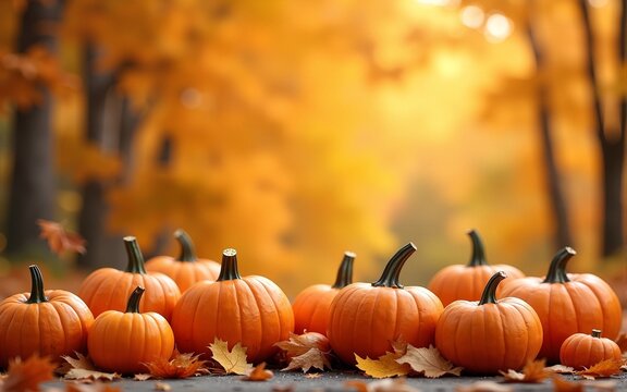 happy thanksgiving day concept autumn composition,ripe orange pumpkins fallen leaves. High quality