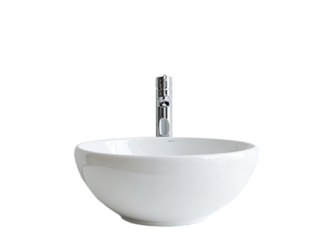 Modern white ceramic vessel sink with chrome faucet isolated on transparent background
