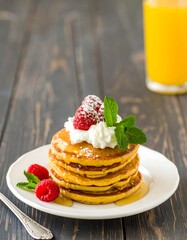 Stacked pancakes topped with whipped cream, raspberries, and mint
