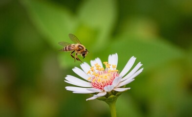 Obraz premium A busy bee hovers above a delicate white and pink flower, ready to collect nectar in a lush garden setting.