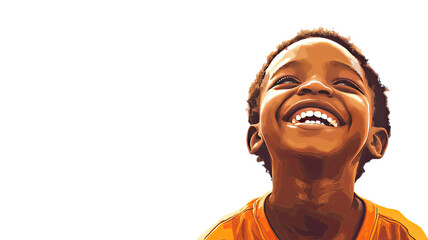 Joyful young black boy laughing heartily looking upwards isolated on transparent background