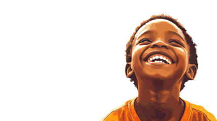 Joyful young black boy laughing heartily looking upwards isolated on transparent background