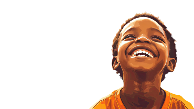 Joyful young black boy laughing heartily looking upwards isolated on transparent background