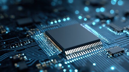 A detailed close-up displays a microchip placed on a circuit board. Bright blue lights illuminate the connections, highlighting the complexity of electronic components in a modern technology setting.