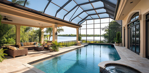 Modern Florida mansion exterior design with large lanai patio, screened swimming pool, and waterfront view, luxury real estate concept showcasing tropical outdoor lifestyle architecture