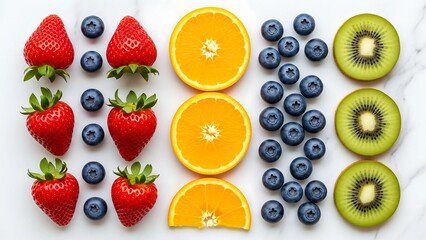 Flat lay top view of seasonal fruits like strawberry, blueberry, orange, and kiwi on marble surface, photographed with bright colors, perfect for nutrition and health concepts.