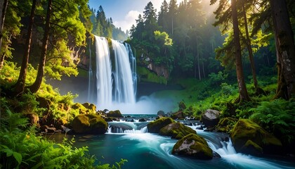 Waterfall cascading in lush forest