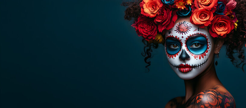 Creative wide format artwork featuring girl with Day of the Dead sugar skull makeup and roses in hair, vibrant cultural celebration image with ample blank copyspace background