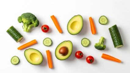 Flat lay arrangement of fresh vegetables like broccoli, tomato, carrot, avocado, and cucumber on a clean white background, perfect for health, diet, and minimalist food design projects.