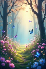 Enchanted Forest Pathway with Butterflies and Blooming Flowers