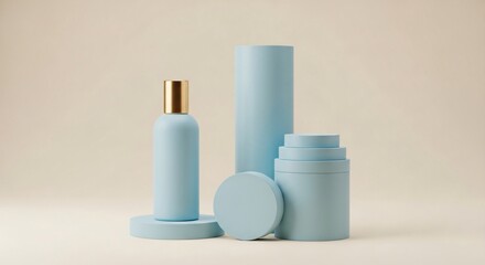 Elegant blue cosmetic packaging with gold accents on neutral background