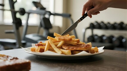 Overflowing plate with greasy fast food, french fries and cheeseburger, unhealthy eating habits and poor nutrition concept, junk food and obesity risk.