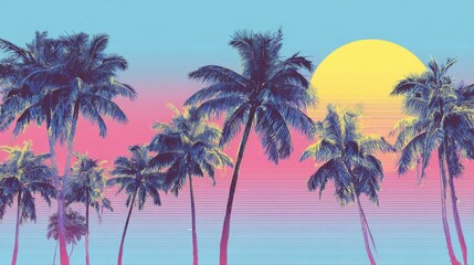 Obraz premium A breathtaking sunset unfolds in a tropical setting as palm trees sway gently in the warm breeze. The sky is painted with pastel shades of pink and blue, creating a serene atmosphere.