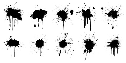 Collection of ten black ink splatter set. Hand drawn spray design elements Various spray paint graffiti decorative splatters. Vector illustration © Creative