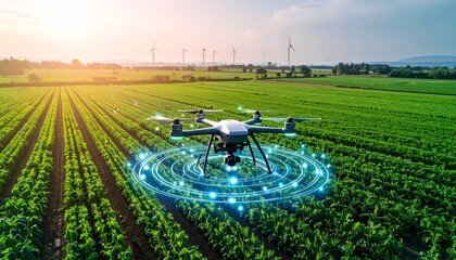 Futuristic smart farming drone with a digital hologram interface scanning a vast agricultural field at sunset for data analysis.