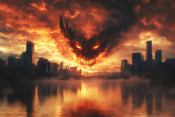 Ominous devil face appearing in red clouds above urban cityscape, armageddon theme symbolizing supernatural evil, destruction, and dark apocalyptic mythology stock content