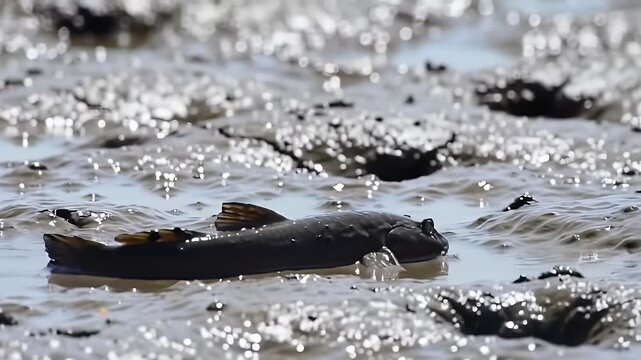 Two mudskippers on wet mudflat in mangrove swamp, amphibious fish in tropical habitat
