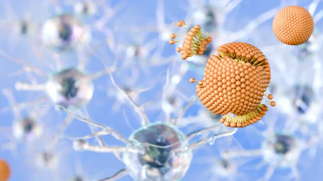 A 3d rendering of liposomes disintegrating or breaking apart within the brain's neural network.	
