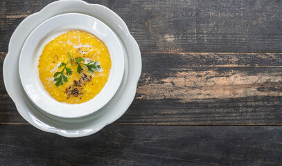 Pumpkin butternut squash cream soup .Copy space.
