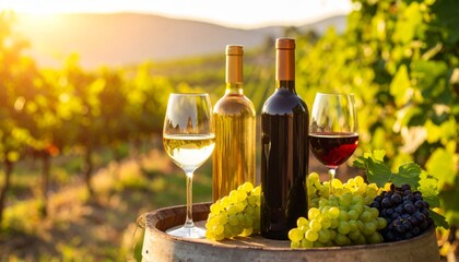 Fototapeta premium A glass of wine next to a bottle of red wine, with a bunch of grapes and cheese, is perfect for a celebration at a vineyard