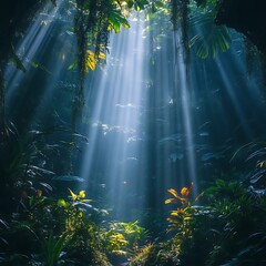 Obraz premium Sunlight streams through a lush jungle canopy.