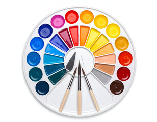 Obraz premium Vibrant art paint set with a full spectrum of rainbow colors on a round artist's palette, complete with brushes and a palette knife, isolated on white.