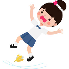 Cartoon Thai student Slipping on a Banana Peel and Falling Down Illustration flat style