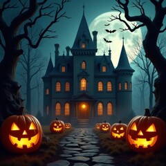 Spooky Haunted Mansion Halloween Night with Jack O Lanterns
