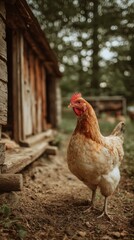 Hen chicken standing near wooden henhouse on outdoor farm background, vertical photo