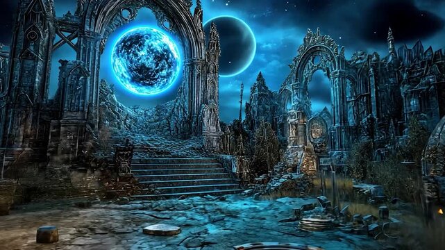 Ruined gothic archways under a night sky, a glowing celestial sphere