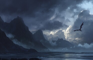 Illustration dragon flying over a dark mountain landscape with stormy sky  