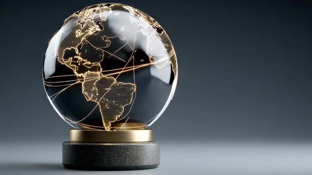 Stunning globe sculpture features transparent design with illuminated continents on sleek base, symbolizing global connectivity and modern innovation