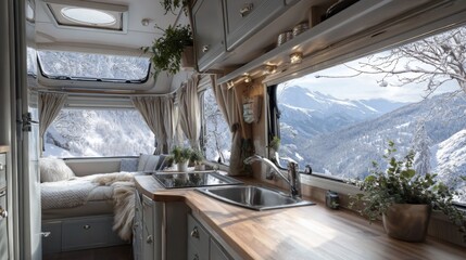 Cozy camper kitchen with wooden countertop and winter mountain view  
