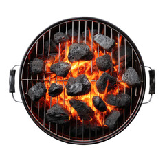 Charcoal Barbecue Grill with Glowing Hot Coals and Orange Flames Top View Isolated on Transparent Background PNG