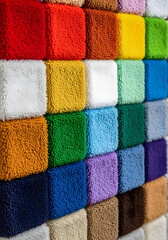 Vibrant yarn samples arranged in a colorful textured grid display