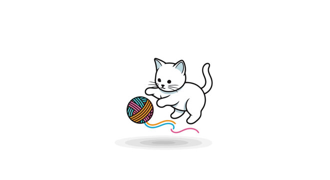 Playful White Kitten Cartoon Illustration Chasing a Yarn Ball, Perfect for Children's Books, Pet Product Ads, and Educational Resources on Animal Care