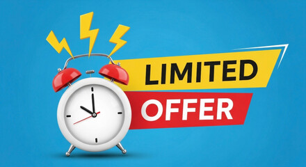 White alarm clock with red bells and yellow lightning bolts near limited offer text