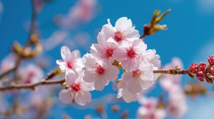 Delicate pink cherry blossoms flourish on tree branches with a vivid blue sky serving as the backdrop. This scene captures the essence of spring and fleeting beauty.
