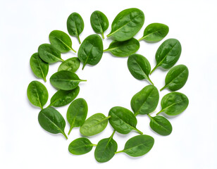Fresh baby spinach leaves arranged in a circular wreath pattern, isolated on a clean white background, healthy food ingredient.