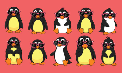 Cute penguin cartoon, penguins with sunglasses, summer animal character, cool penguin vector, funny arctic bird, children clipart, adorable penguin illustration, tropical theme design