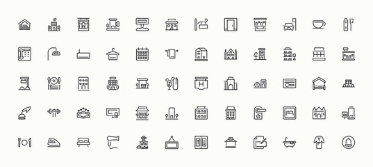 Motel linear icon set. Contains related to host, hostel, restaurant, service and more. Hotel icon. Minimalist linear icons. Editable stroke.