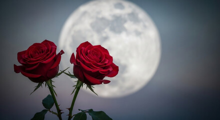 Two deep red roses in bloom against a large bright full moon flower blossom